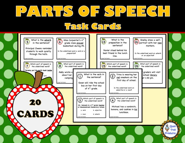 Parts of Speech Task Cards - School Theme