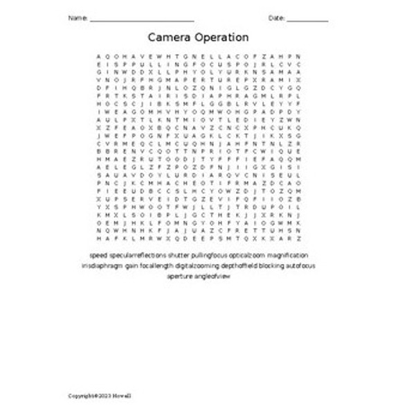 Camera Operations Vocabulary Word Search