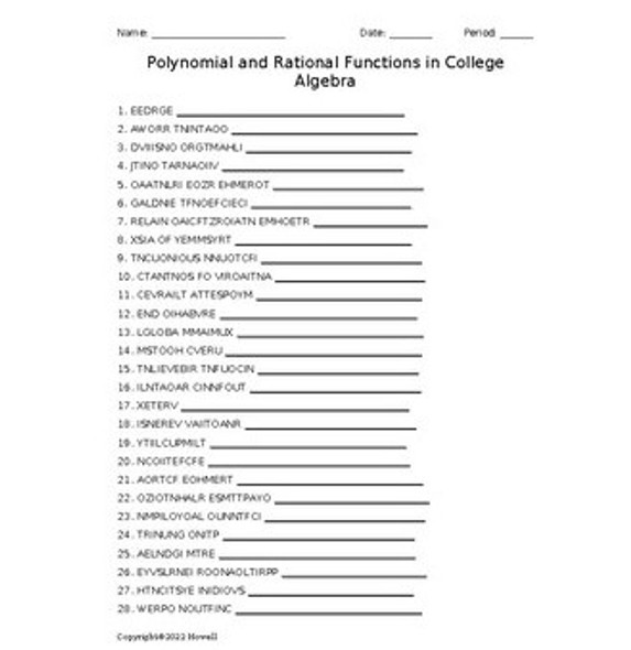 Polynomial and Rational Functions in College Algebra Vocabulary Word Scramble