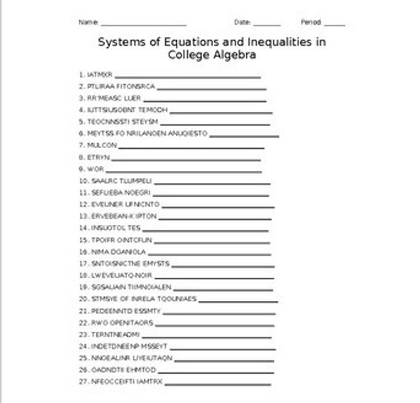 Systems of Equations and Inequalities in College Algebra Vocab. Word Scramble