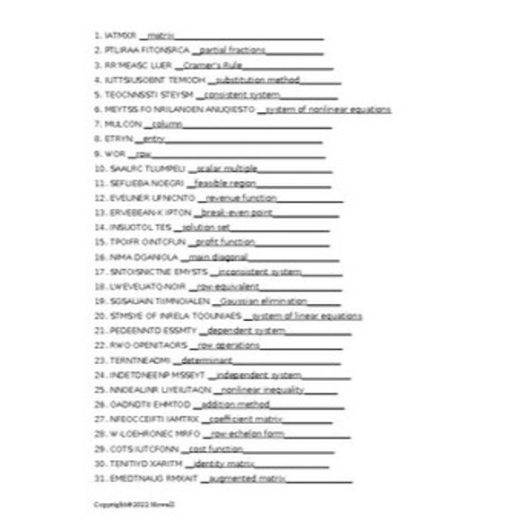 Systems of Equations and Inequalities in College Algebra Vocab. Word Scramble