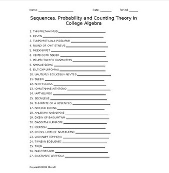 Sequences, Probability, and Counting Theory in College Algebra Word Scramble