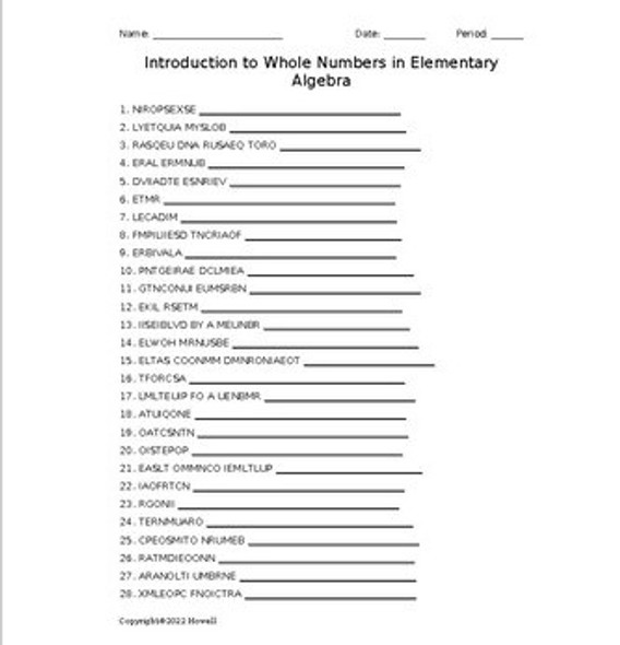 Introduction to Whole Numbers in Elementary Algebra Vocabulary Word Scramble