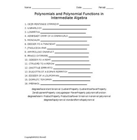 Polynomials and Polynomial Functions in Intermediate Algebra Word Scramble