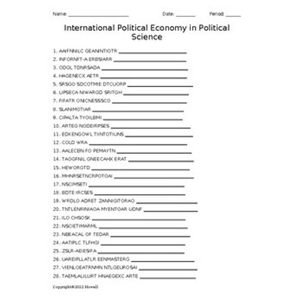 International Political Economy in Political Science Vocabulary Word Scramble