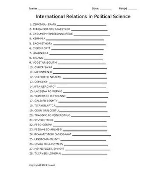 International Relations in Political Science Vocabulary Word Scramble