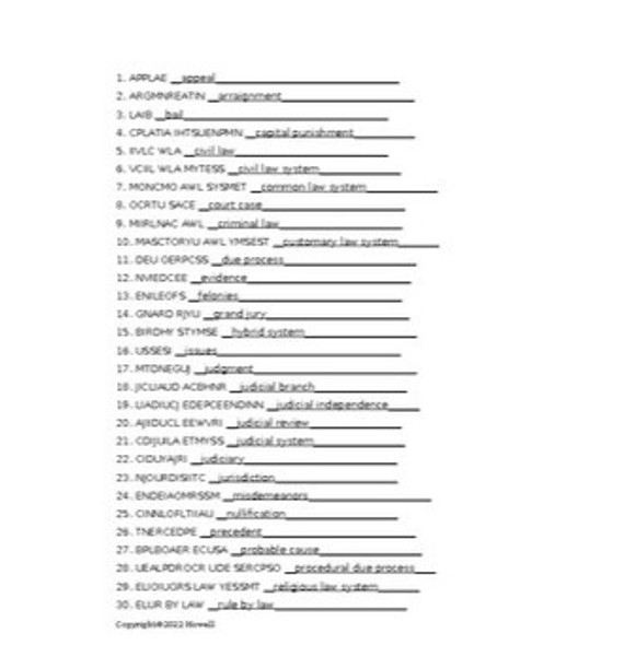 Courts and Law in Political Science Vocabulary Word Scramble