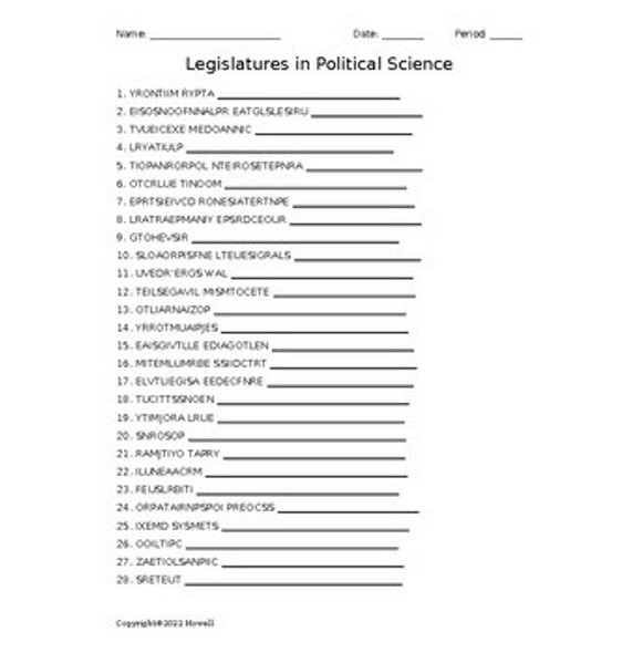 Legislatures in Political Science Vocabulary Word Scramble