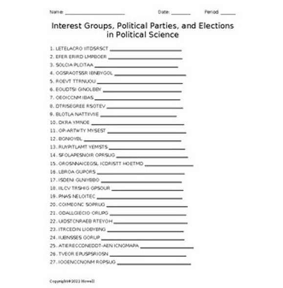 Interest Groups, Political Parties & Elections Word Scramble