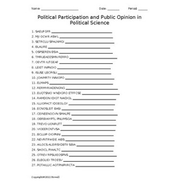Political Participation and Public Opinion in Political Science Word Scramble