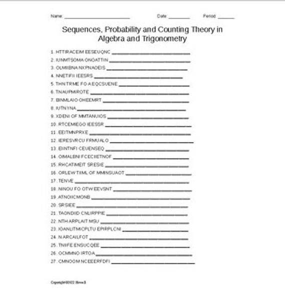 Sequence Probability & Counting Theory in Algebra and Trigonometry Word Scramble