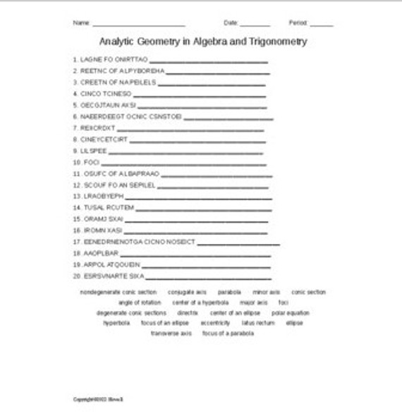 Analytic Geometry in Algebra and Trigonometry Word Scramble