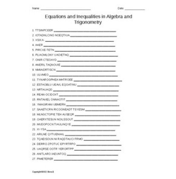 Equations and Inequalities in Algebra and Trigonometry Vocabulary Word Scramble