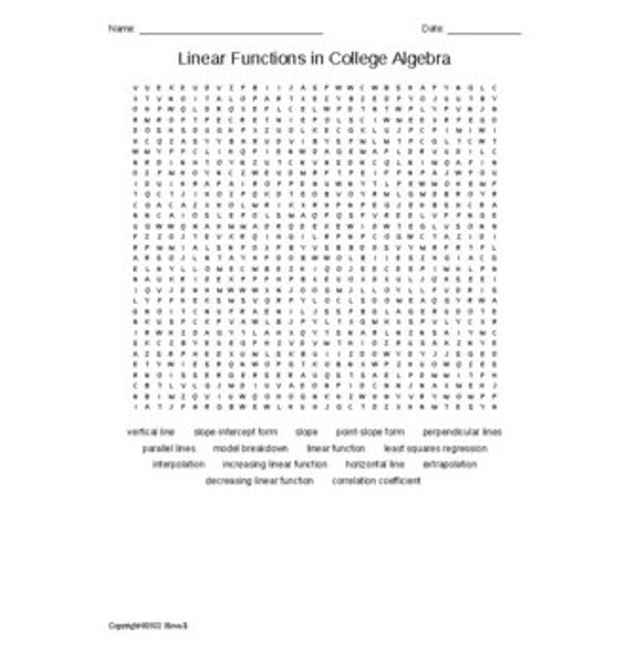 Linear Functions in College Algebra Vocabulary Word Search