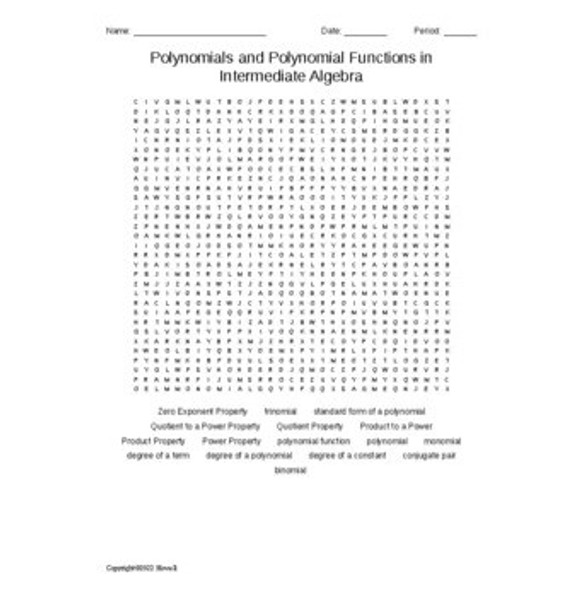 Polynomials and Polynomial Functions in Intermediate Algebra Word Search