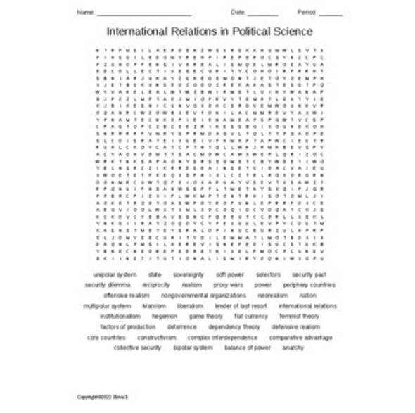 International Relations in Political Science Vocabulary Word Search