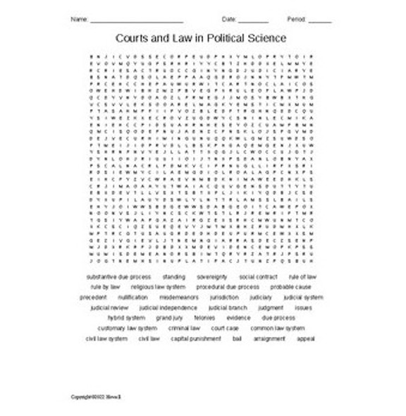 Courts and Law in Political Science Vocabulary Word Search