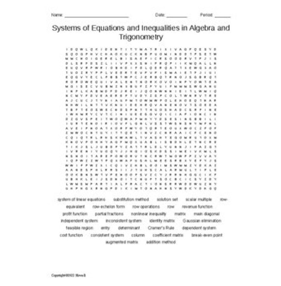 Systems of Equations and Inequalities in Algebra and Trigonometry Word Search
