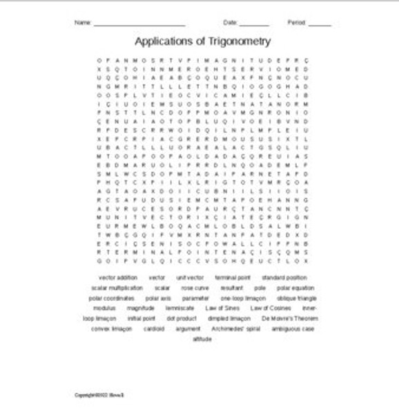 Applications of Trigonometry Vocabulary Word Search