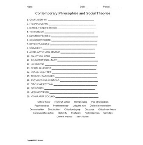 Contemp. Philosophies & Social Theories Word Scramble for a Philosophy Course