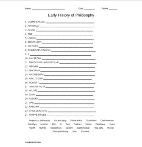 The Early History of Philosophy Vocabulary Word Scramble for a Philosophy Course