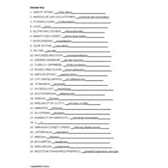  Normative Moral Theory Vocabulary Word Scramble for a Philosophy Course