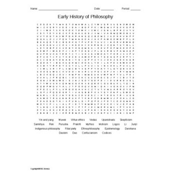 The Early History of Philosophy Vocabulary Word Search for a Philosophy Course