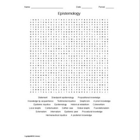 Epistemology Vocabulary Word Search for a Philosophy Course