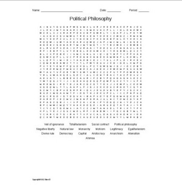 Political Philosophy Vocabulary Word Search for a Philosophy Course