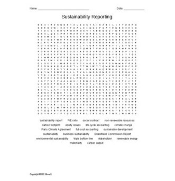 Sustainability Reporting Vocabulary Word Search for a Finance Course