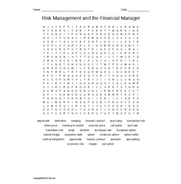 Risk Management and the Financial Manager Word Search for a Finance Course