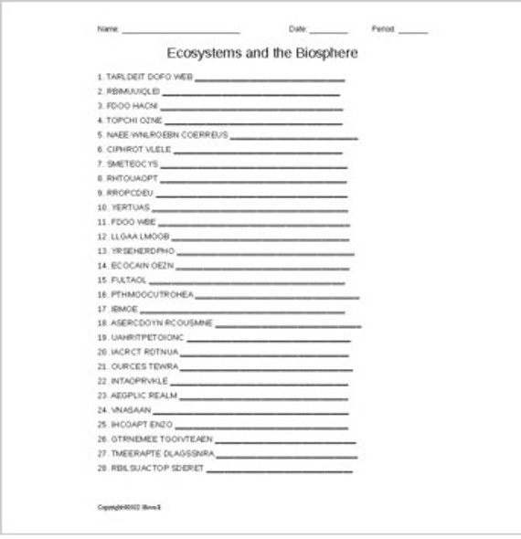 Ecosystems and the Biosphere Word Scramble for an Introduction to Biology Course