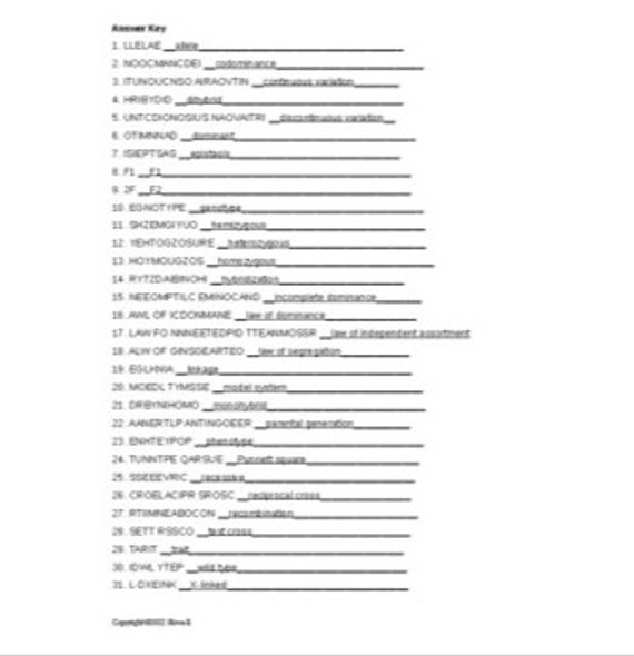 Patterns of Inheritance Word Scramble for an Introduction to Biology Course