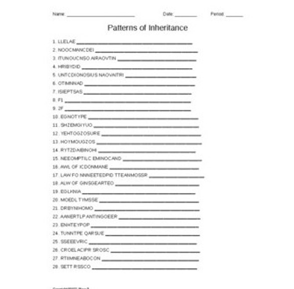 Patterns of Inheritance Word Scramble for an Introduction to Biology Course