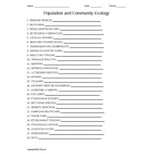 Population and Community Ecology Word Scramble for an Intro. to Biology Course
