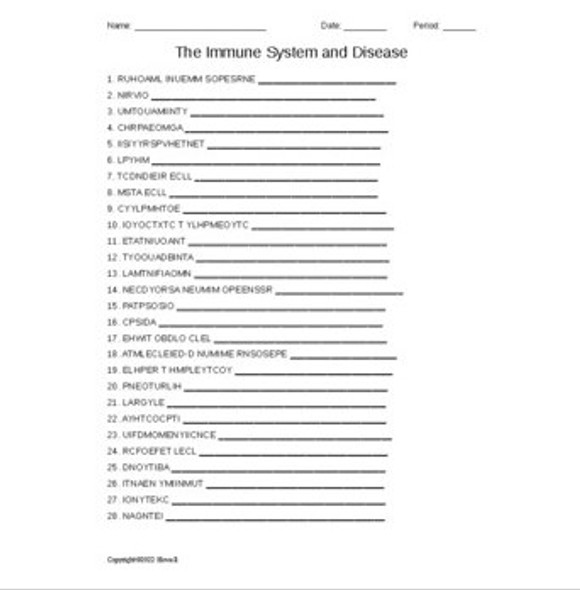 Immune System and Disease Word Scramble for an Introduction to Biology Course
