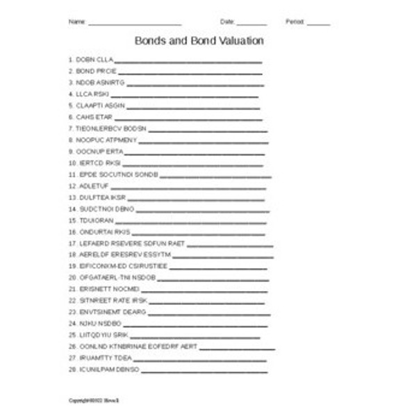 Bonds and Bond Valuation Word Scramble for a Finance Course