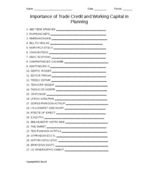 Trade Credit and Working Capital in Planning Word Scramble for a Finance Course