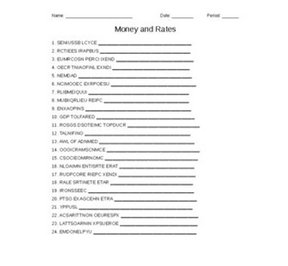 Money and Rates Vocabulary Word Scramble for a Finance Course