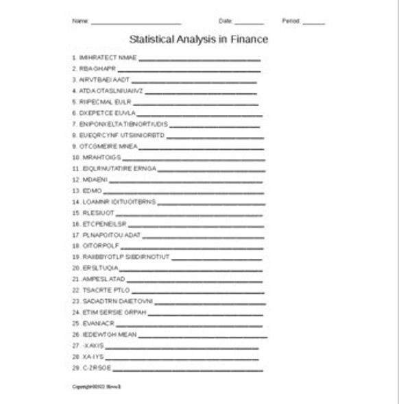 Statistical Analysis Vocabulary Word Scramble for a Finance Course