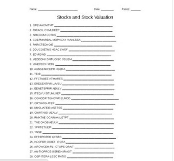 Stocks and Stock Valuation Vocabulary Word Scramble for a Finance Course