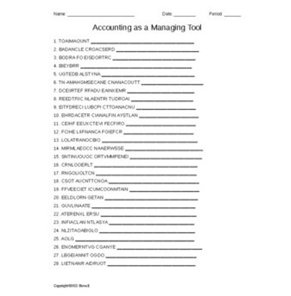 Accounting as a Managing Tool Vocabulary Word Scramble