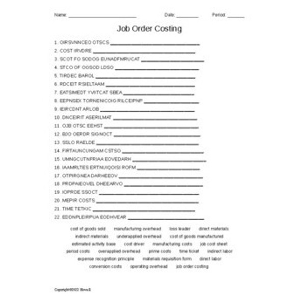 Job Order Costing in Accounting Vocabulary Word Scramble