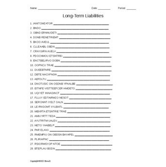 Long-Term Liabilities in Accounting Vocabulary Word Scramble