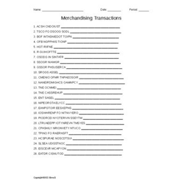 Merchandising Transactions in Accounting Vocabulary Word Scramble