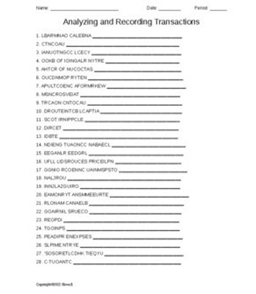 Analyzing and Recording Transactions in Accounting Vocabulary Word Scramble