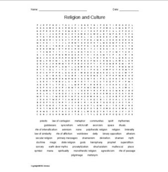 Religion and Culture in Anthropology Vocabulary Word Search