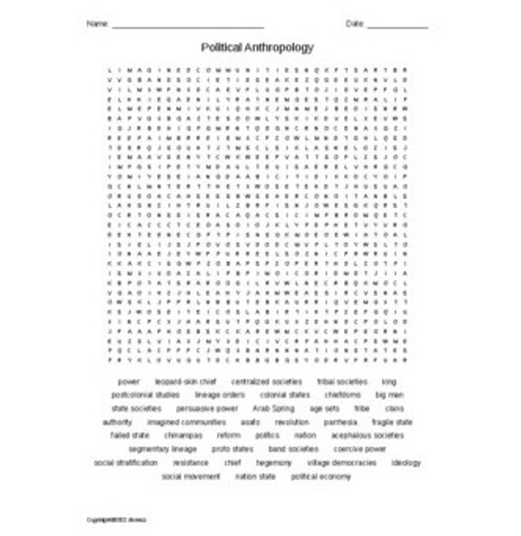 Political Anthropology Vocabulary Word Search