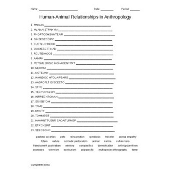 Human-Animal Relationships in Anthropology Vocabulary Word Scramble