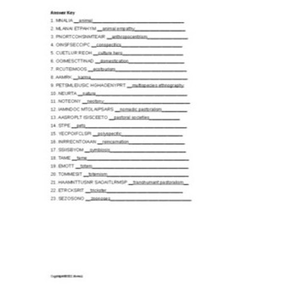 Human-Animal Relationships in Anthropology Vocabulary Word Scramble